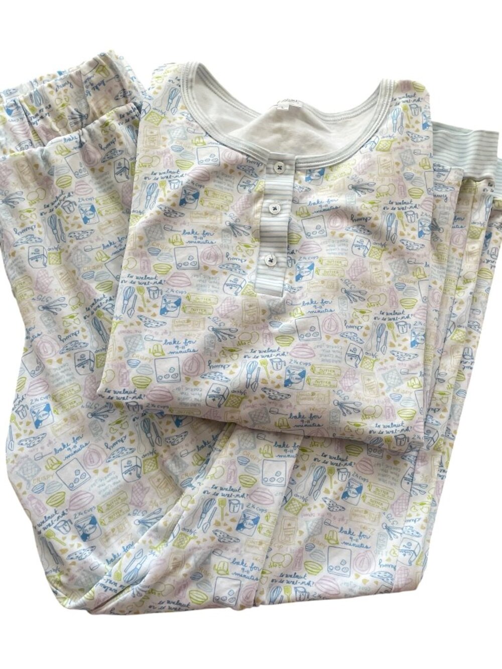 Joy Street Pima Cotton Pajama Set Large White Blue Baking Theme Print Top Pants